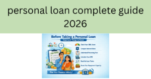 “Before Taking a Personal Loan – Important Things to Know” showing key tips like check CIBIL score, compare interest rates, understand processing fees, calculate EMI, read loan terms, and assess repayment capacity, with a young Indian couple and financial icons.