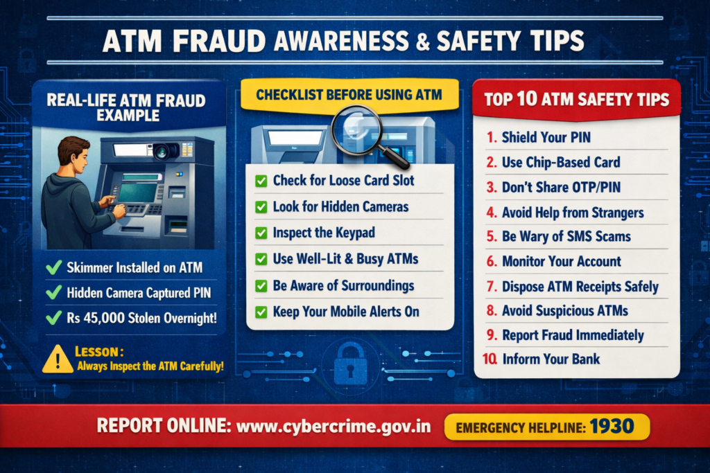 ATM ಮೋಸ (ATM fraud) awareness and safety tips infographic showing checklist and prevention methods