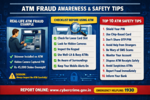 ATM ಮೋಸ (ATM fraud) awareness and safety tips infographic showing checklist and prevention methods