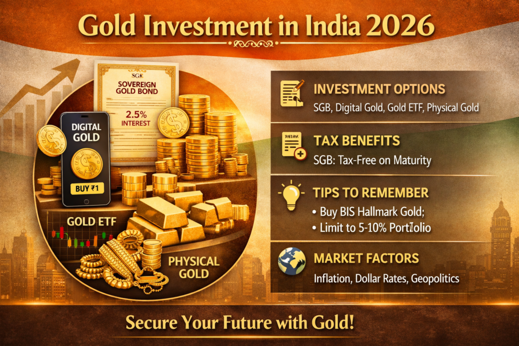 ಭಾರತದಲ್ಲಿ ಚಿನ್ನದ ಹೂಡಿಕೆ 2026 infographic showing SGB, Digital Gold, Gold ETF and Physical Gold with tax benefits and investment tips