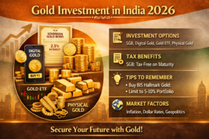 ಭಾರತದಲ್ಲಿ ಚಿನ್ನದ ಹೂಡಿಕೆ 2026 infographic showing SGB, Digital Gold, Gold ETF and Physical Gold with tax benefits and investment tips