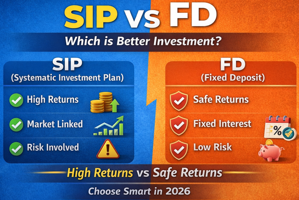 SIP vs FD comparison image showing high returns vs safe returns investment options in 2026