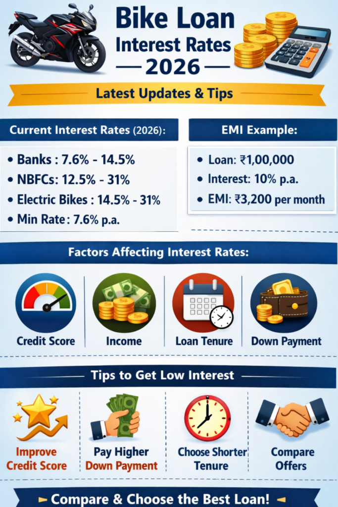 Bike loan interest rates 2026 infographic showing EMI example, interest rates, and tips to get low interest in India