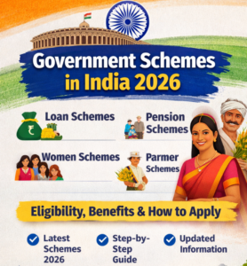 ಭಾರತ ಸರ್ಕಾರದ ಪ್ರಮುಖ ಯೋಜನೆಗಳ ಸಂಪೂರ್ಣ ಪಟ್ಟಿ 2026 infographic showing loan, pension, women and farmer schemes with eligibility, benefits and how to apply details