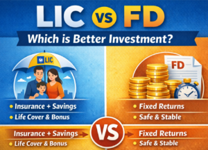LIC vs FD comparison infographic showing insurance benefits vs fixed deposit returns in India
