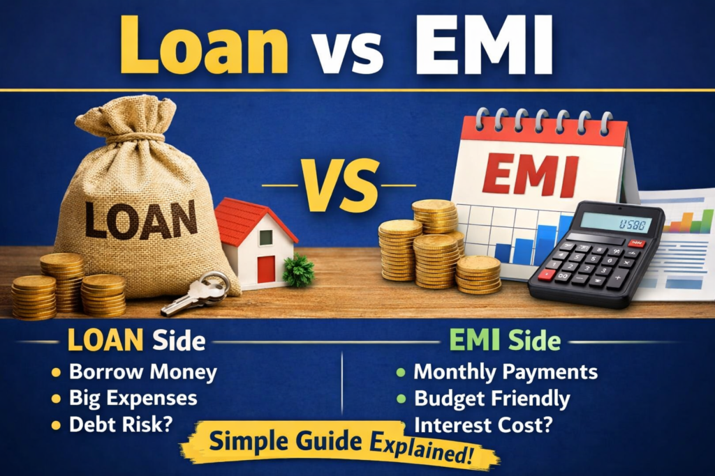 Loan vs EMI comparison image showing difference between loan borrowing and monthly EMI payments with simple financial explanation