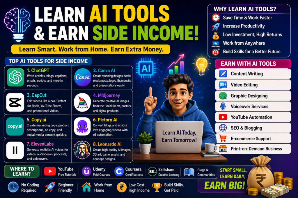 AI tools ಬಳಸಿ side income ಗಳಿಸುವ top ಮಾರ್ಗಗಳು ಇರುವ ಬಣ್ಣಬಣ್ಣದ infographic ಪೋಸ್ಟರ್. ಇದರಲ್ಲಿ ChatGPT, Canva AI, CapCut, Midjourney, Copy.ai, Pictory AI, ElevenLabs ಮತ್ತು Leonardo AI ಮುಂತಾದ tools ಒಳಗೊಂಡಿವೆ. ಲ್ಯಾಪ್ಟಾಪ್ ಬಳಸುತ್ತಿರುವ ಕಾರ್ಟೂನ್ ಹುಡುಗ, ಹಣದ ಚಿಹ್ನೆಗಳು, ಆಕರ್ಷಕ neon design ಮತ್ತು AI tools ಕಲಿತು ಹಣ ಗಳಿಸುವ ಮಾರ್ಗಗಳು ಹಾಗೂ YouTube, Udemy, Coursera, Skillshare ಮುಂತಾದ learning platforms ಬಗ್ಗೆ ಮಾಹಿತಿ ನೀಡಲಾಗಿದೆ.