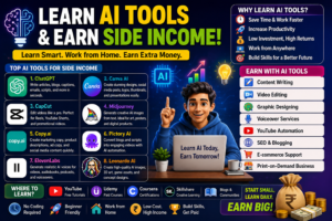 AI tools ಬಳಸಿ side income ಗಳಿಸುವ top ಮಾರ್ಗಗಳು ಇರುವ ಬಣ್ಣಬಣ್ಣದ infographic ಪೋಸ್ಟರ್. ಇದರಲ್ಲಿ ChatGPT, Canva AI, CapCut, Midjourney, Copy.ai, Pictory AI, ElevenLabs ಮತ್ತು Leonardo AI ಮುಂತಾದ tools ಒಳಗೊಂಡಿವೆ. ಲ್ಯಾಪ್ಟಾಪ್ ಬಳಸುತ್ತಿರುವ ಕಾರ್ಟೂನ್ ಹುಡುಗ, ಹಣದ ಚಿಹ್ನೆಗಳು, ಆಕರ್ಷಕ neon design ಮತ್ತು AI tools ಕಲಿತು ಹಣ ಗಳಿಸುವ ಮಾರ್ಗಗಳು ಹಾಗೂ YouTube, Udemy, Coursera, Skillshare ಮುಂತಾದ learning platforms ಬಗ್ಗೆ ಮಾಹಿತಿ ನೀಡಲಾಗಿದೆ.